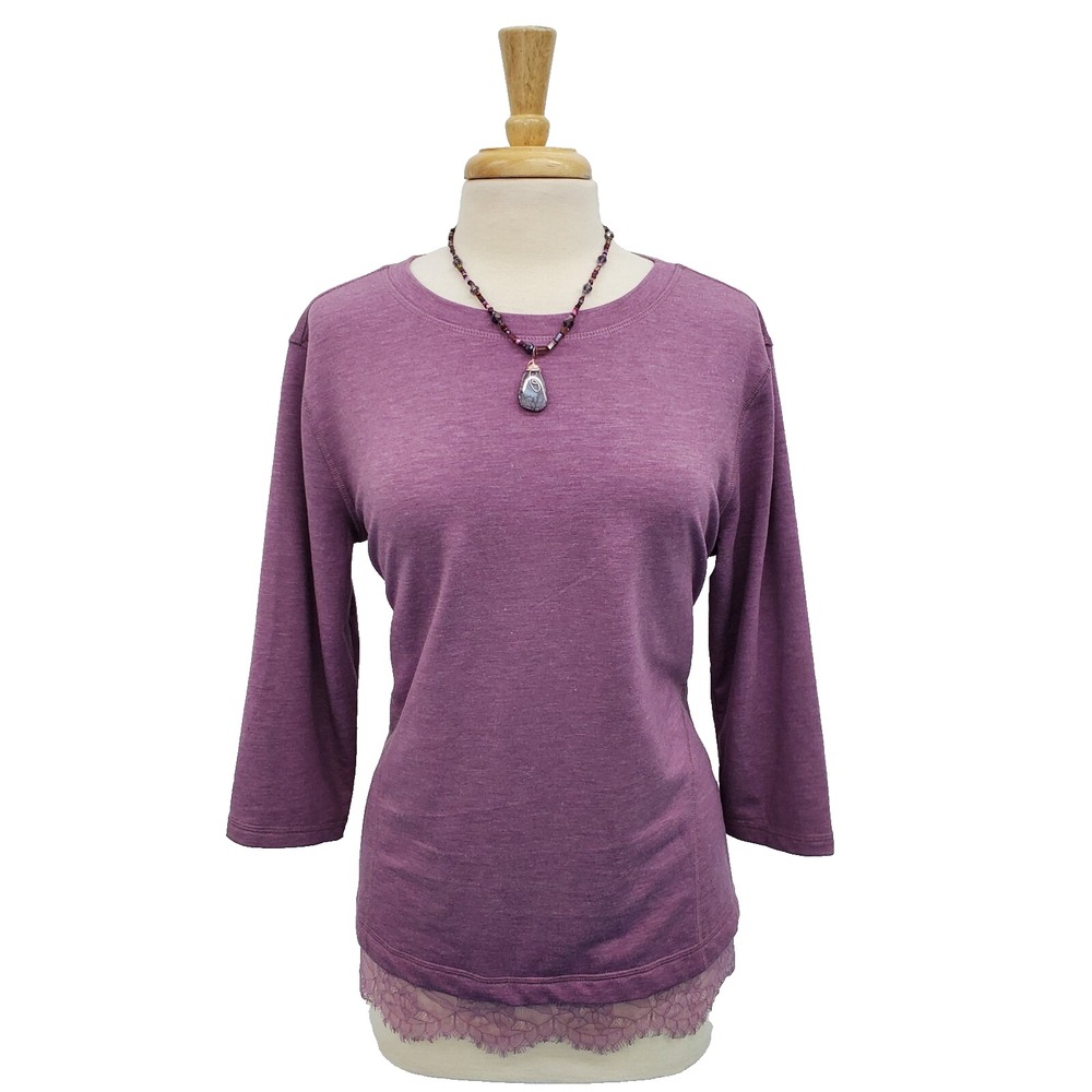 Womens M Purple Knit Top Lace Hem 3/4 Sleeve Pullover Casual‎ Layering Blouse